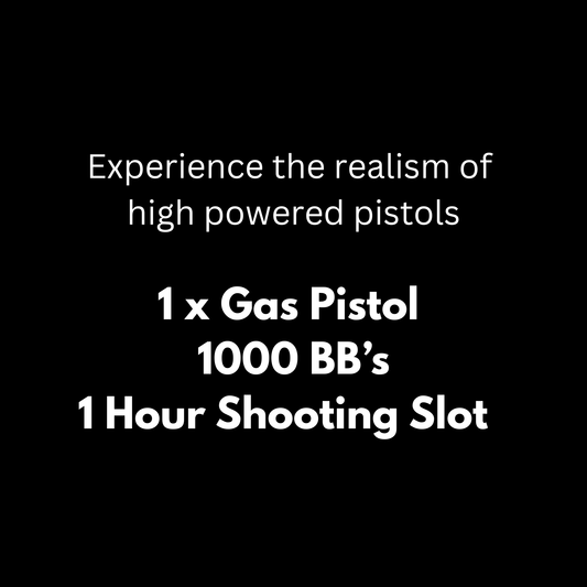 Promotional text for a gas pistol rental package with specifications on a black background.