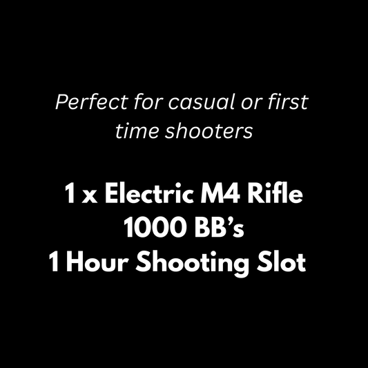 Promotional text for an electric M4 rifle package with 1000 BBs and a 1-hour shooting slot on a black background.