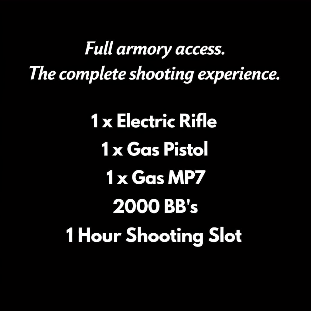 Promotional text for a shooting experience package with firearms and supplies on a black background.