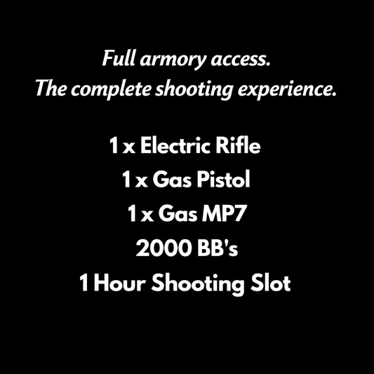 Promotional text for a shooting experience package with firearms and supplies on a black background.