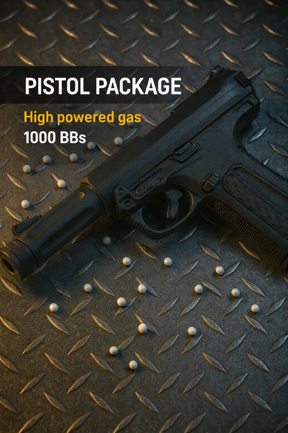 Pistol with text about high-powered gas and 1000 BBs on a textured surface