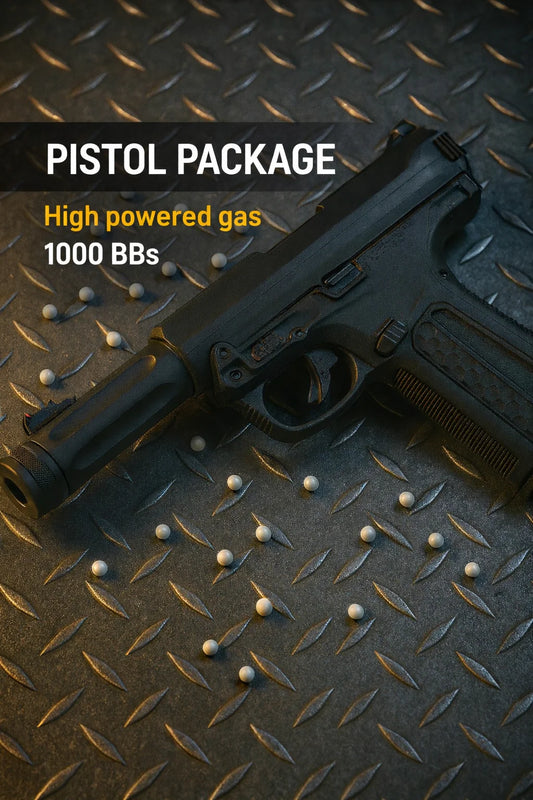 Pistol with text about high-powered gas and 1000 BBs on a textured surface