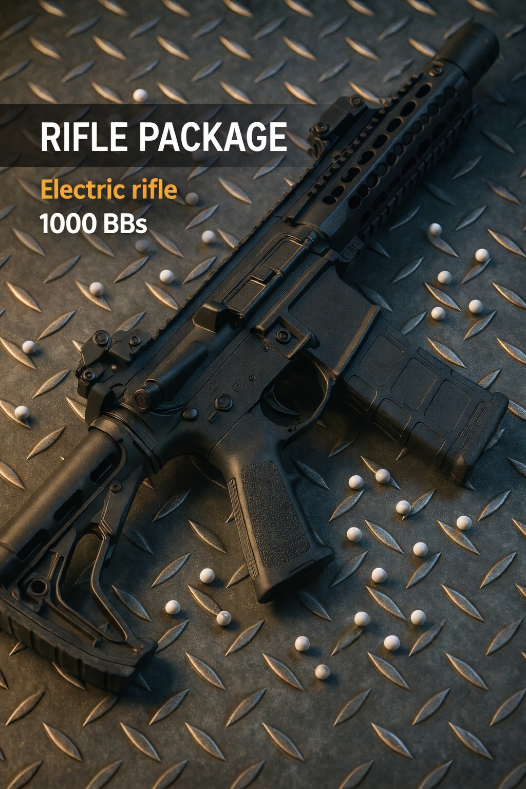 Black electric rifle with 1000 BBs on a metallic surface