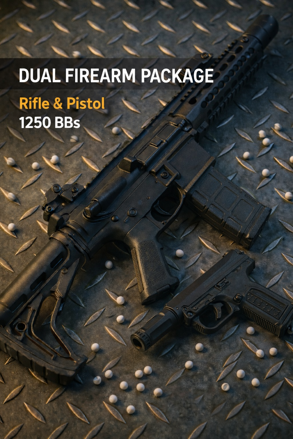 Dual firearm package with rifle and pistol on a textured surface with BBs.