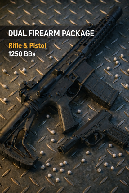 Dual firearm package with rifle and pistol on a textured surface with BBs.