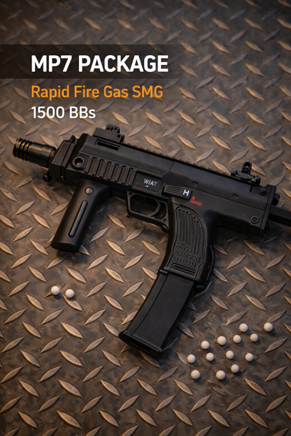 MP7 package with rapid fire gas SMG and 1500 BBs on a textured metal surface