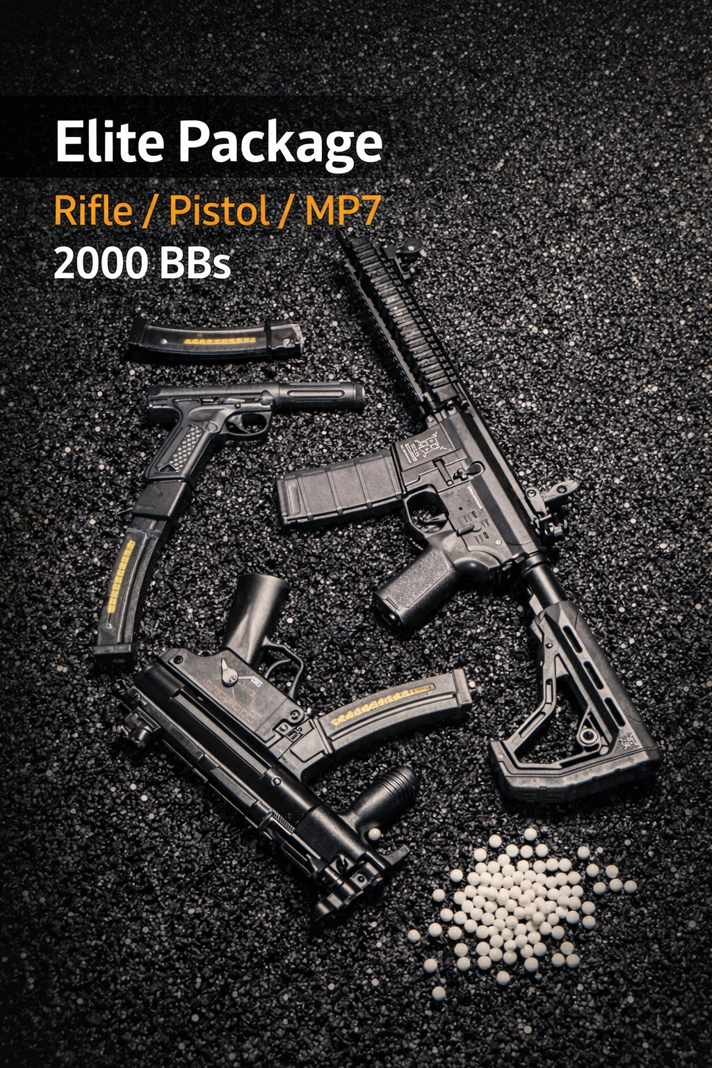 Rifle, pistol, and MP7 with 2000 BBs on a dark surface