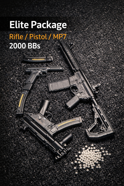 Rifle, pistol, and MP7 with 2000 BBs on a dark surface