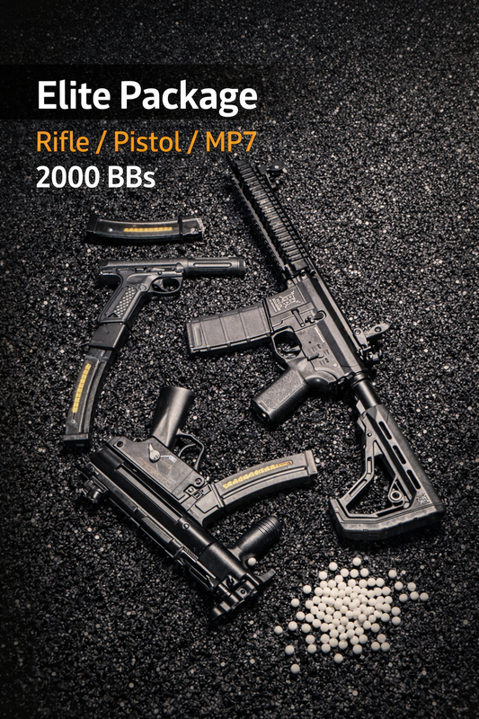Rifle, pistol, and MP7 with 2000 BBs on a dark surface